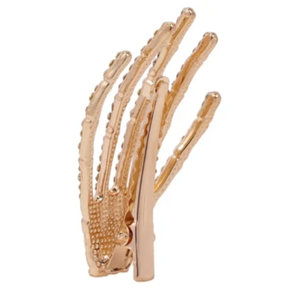 Gold Pave Rhinestone Black Fingernails Goth Glam Skeleton Hand Hair Clip New - Picture 6 of 7